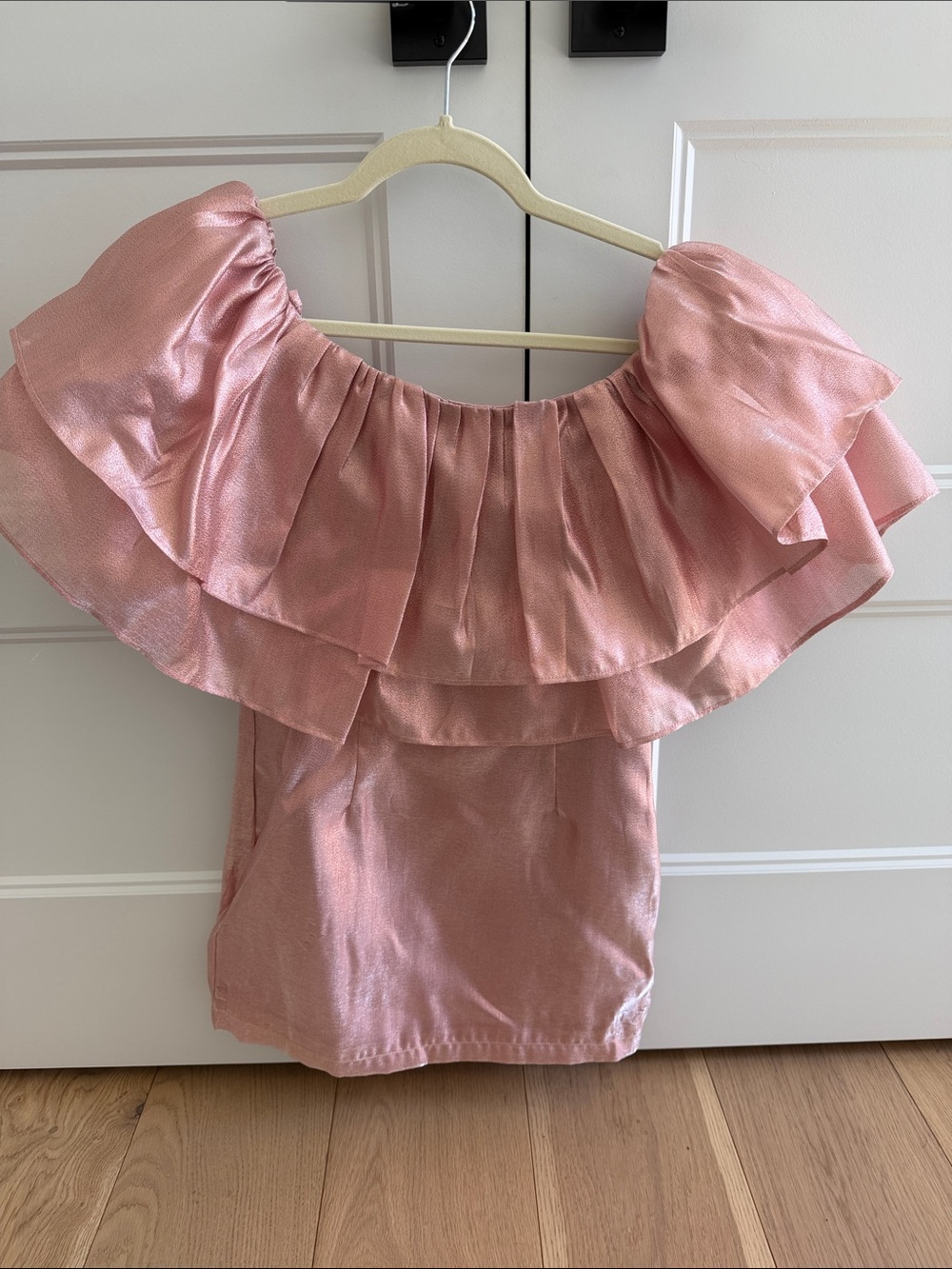 Women’s Rose Pink Off-Shoulder Ruffle Mini Dress. Runs small